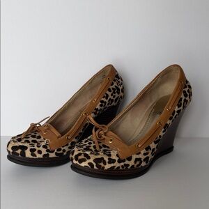 Sperry Calf Hair Tan and Black Leopard Wedges